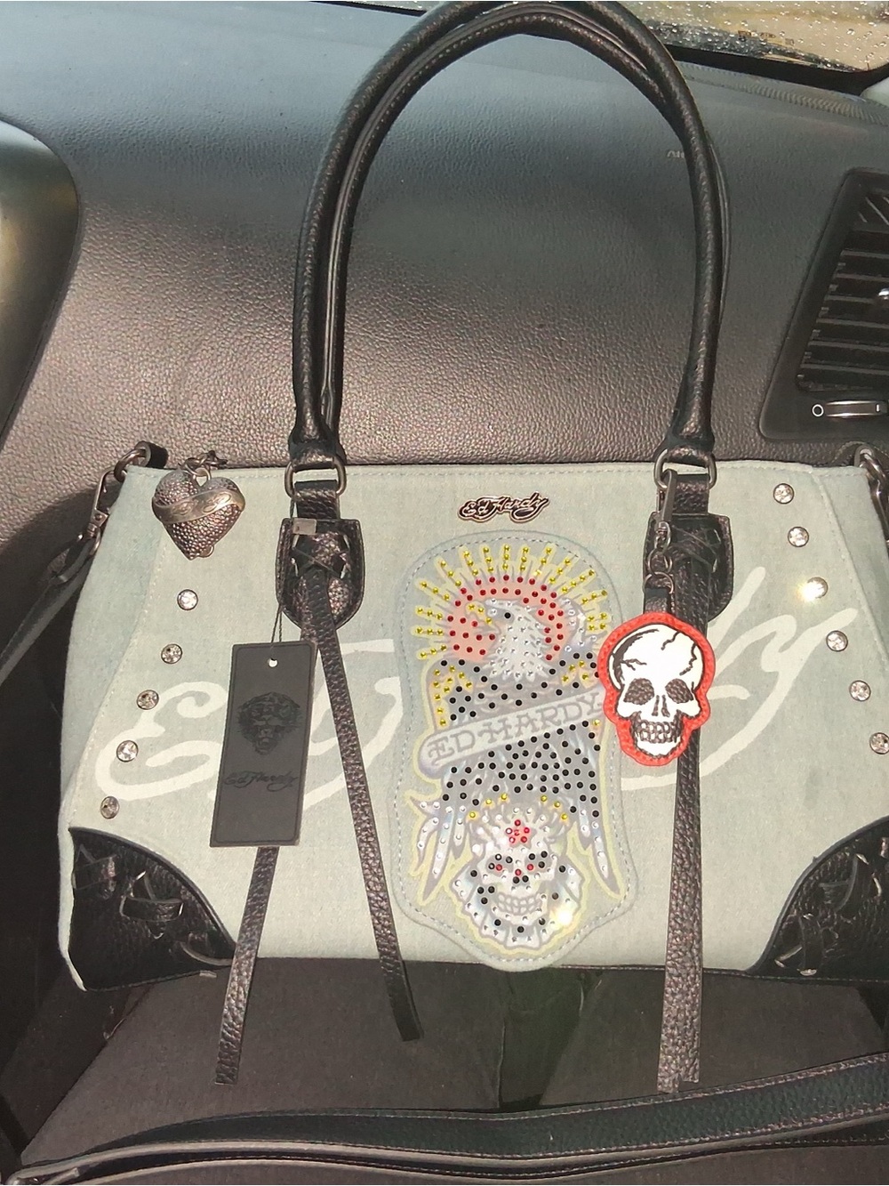 Ed Hardy Light Gray & Black Studded Satchel with Skull and Eagle Patch